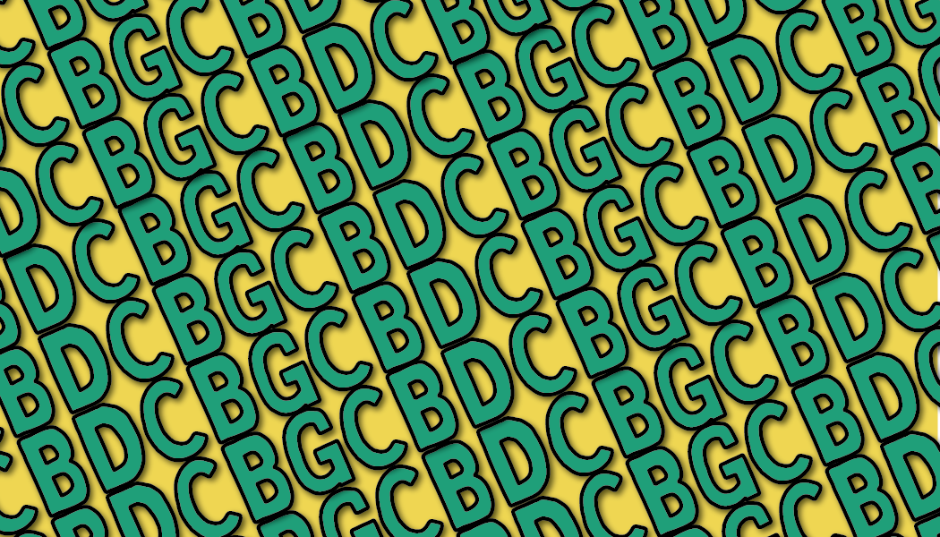 Repeated pattern of letters "CBD" and "CBG" in green shown at slanted angle against yellow background
