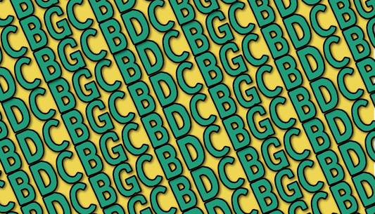 Repeated pattern of letters "CBD" and "CBG" in green shown at slanted angle against yellow background